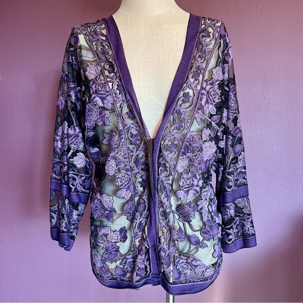 💜 Purple/Silver/Black Floral Sheer Lace Blouse / Evening Jacket